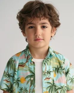 Kids Palm Print Cotton Short Sleeve Shirt