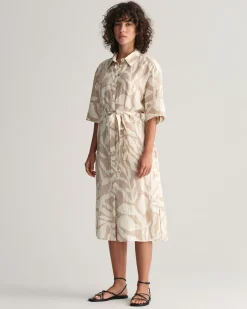 Palm Print Linen Shirt Dress