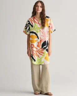 Palm Print Linen Short Sleeve Caftan