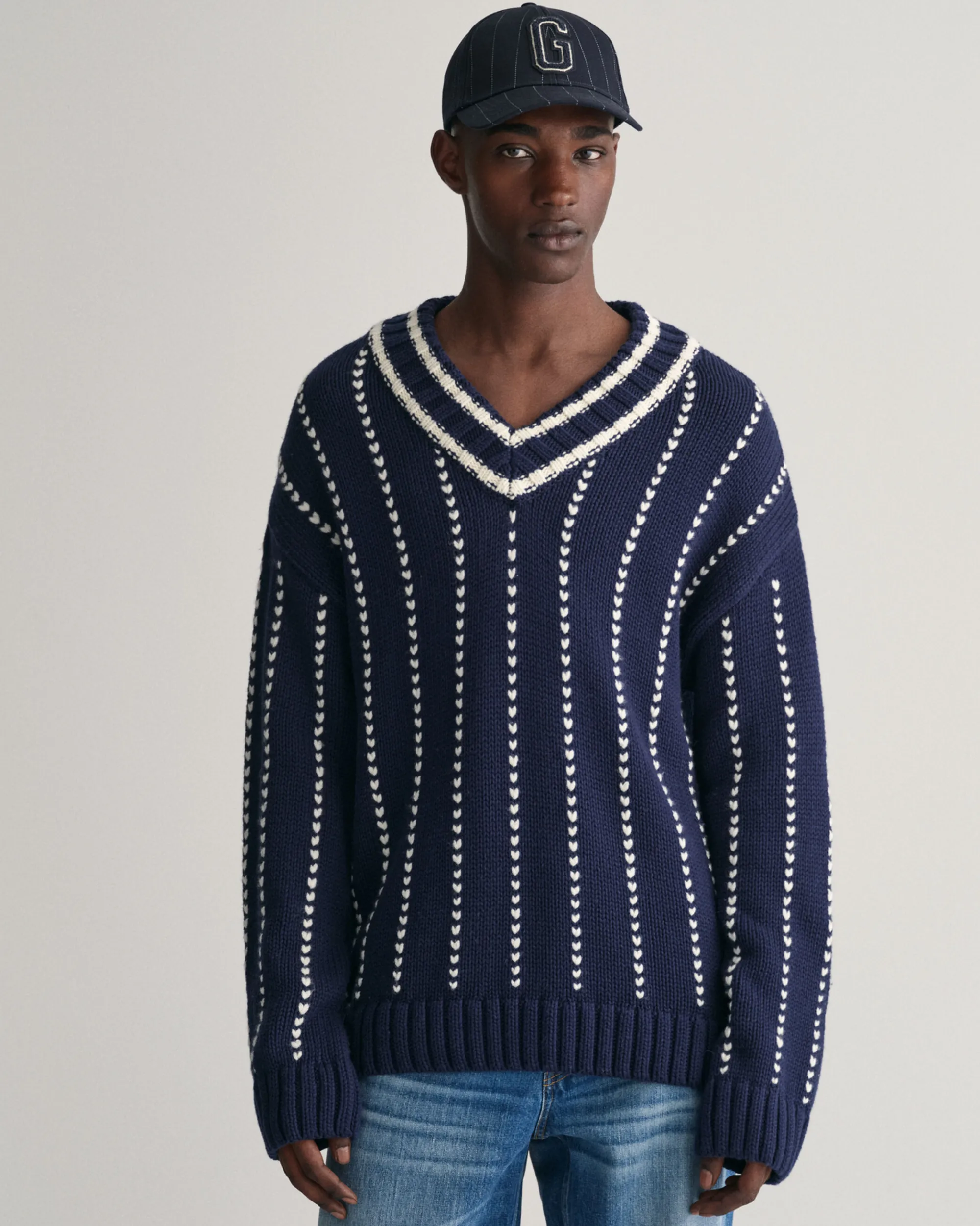Pinstripe Collegiate V-Neck Sweater