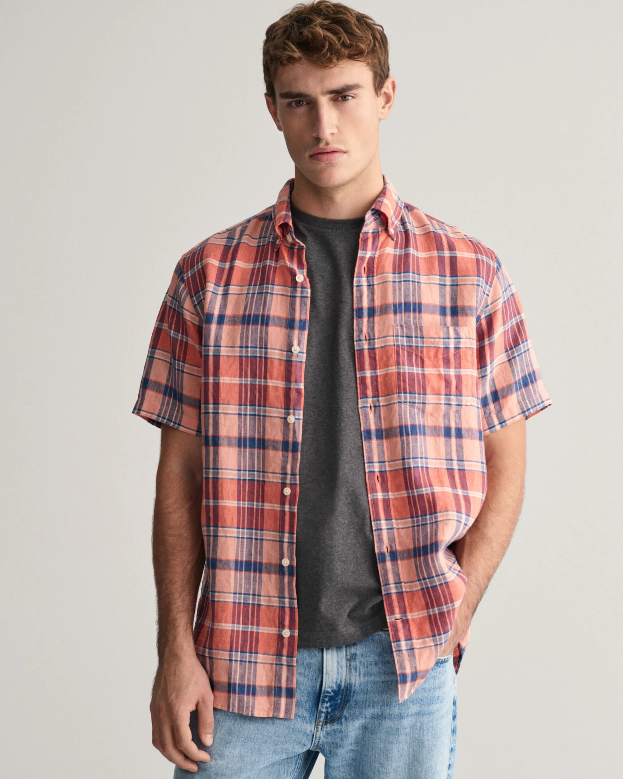 Regular Fit Madras Linen Short Sleeve Shirt