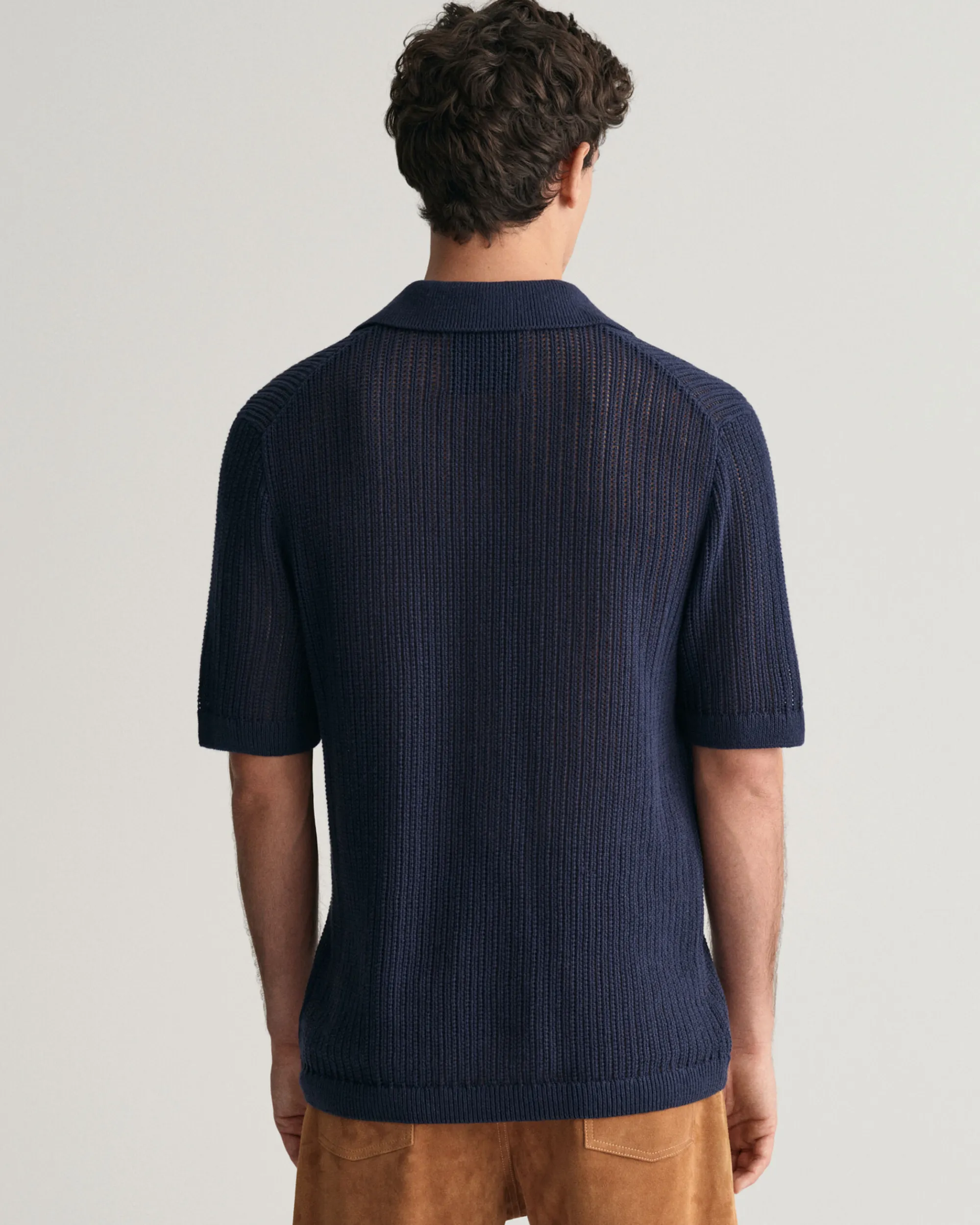 Ribbed Linen Blend Short Sleeve Polo Sweater