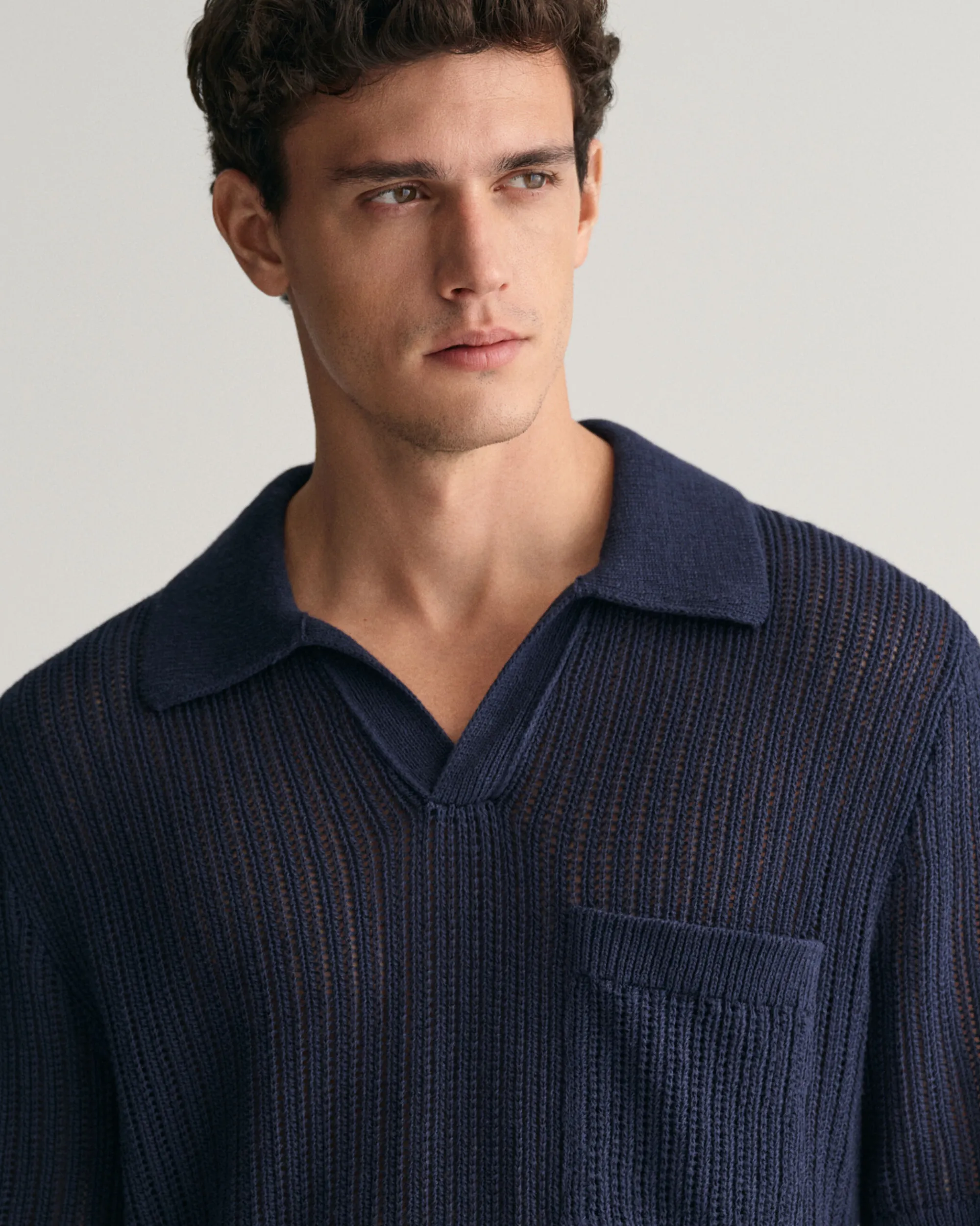 Ribbed Linen Blend Short Sleeve Polo Sweater