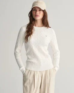 Stretch Cotton Cable Knit Crew Neck Sweater