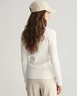 Stretch Cotton Cable Knit Crew Neck Sweater