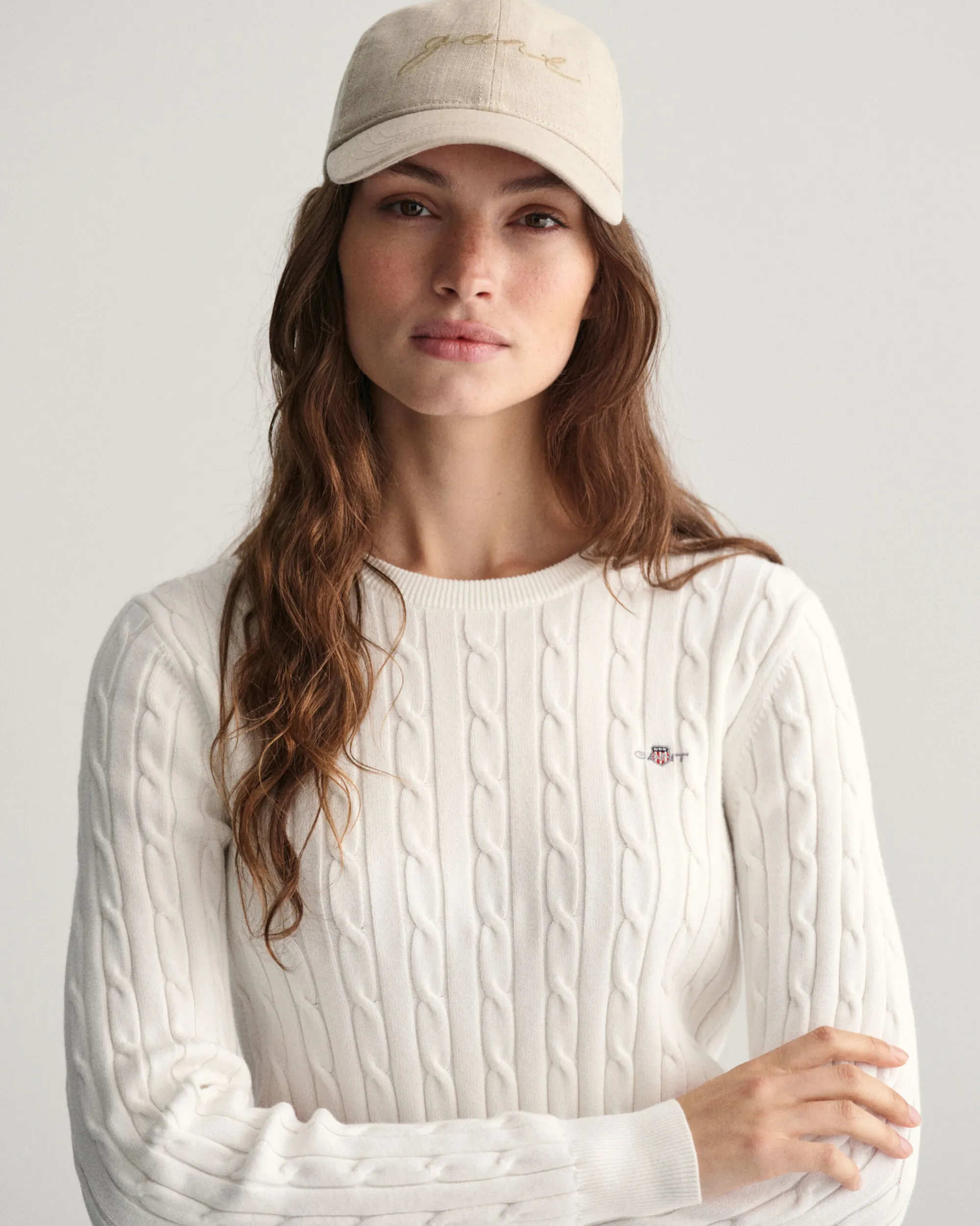 Stretch Cotton Cable Knit Crew Neck Sweater