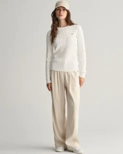 Stretch Cotton Cable Knit Crew Neck Sweater