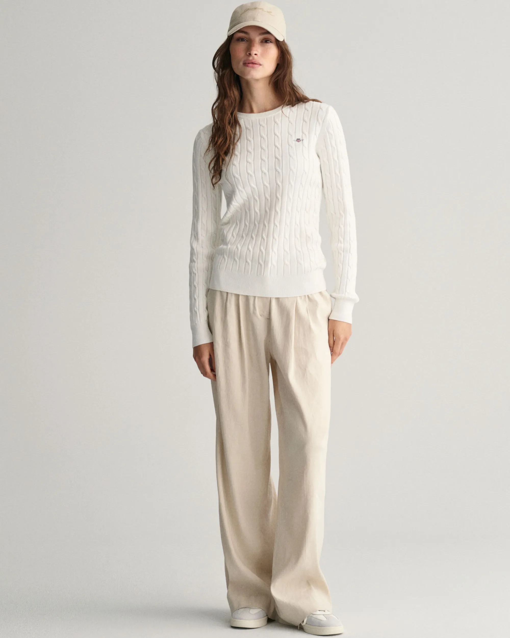 Stretch Cotton Cable Knit Crew Neck Sweater