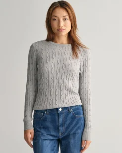 Stretch Cotton Cable Knit Crew Neck Sweater