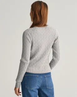 Stretch Cotton Cable Knit Crew Neck Sweater