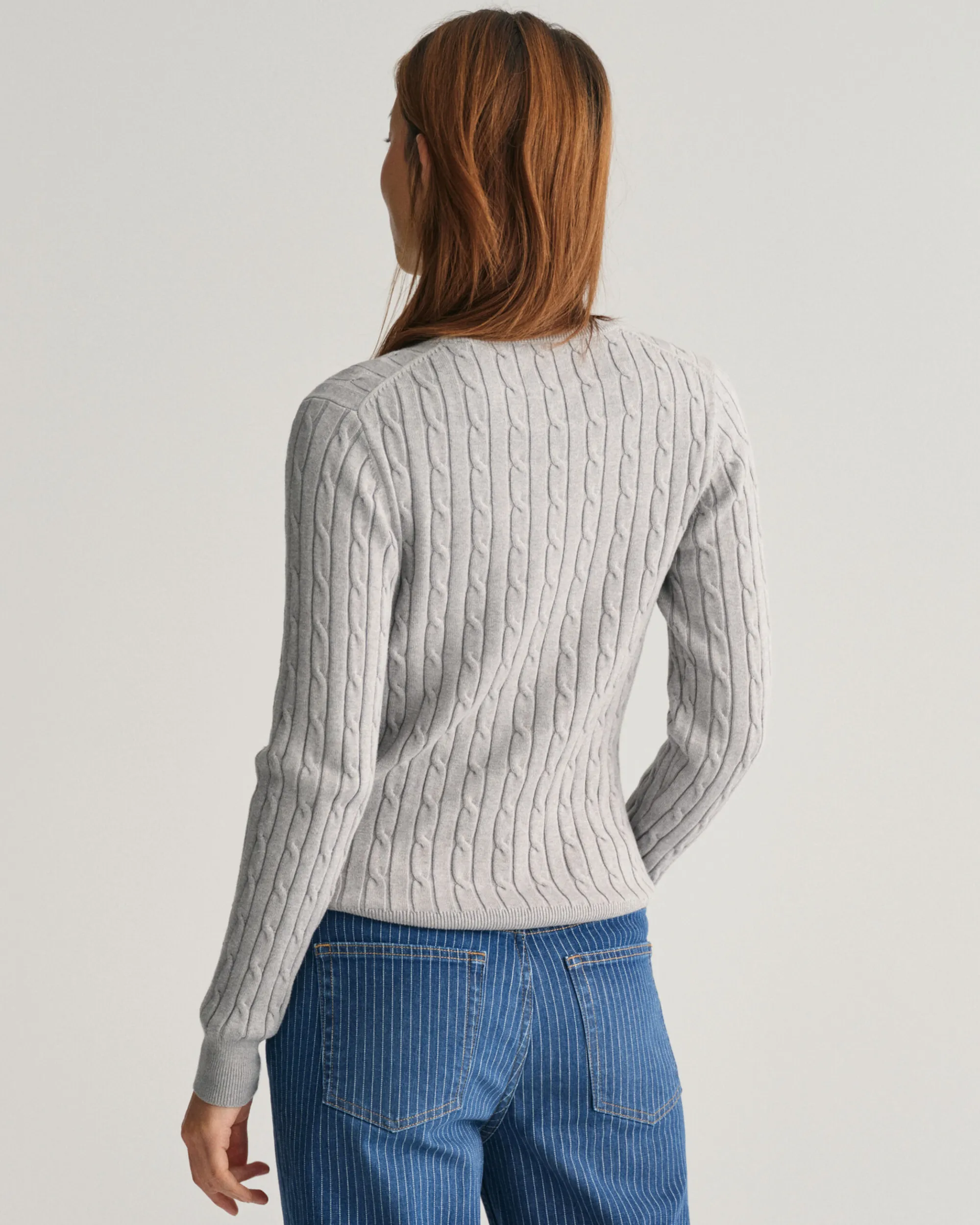 Stretch Cotton Cable Knit Crew Neck Sweater