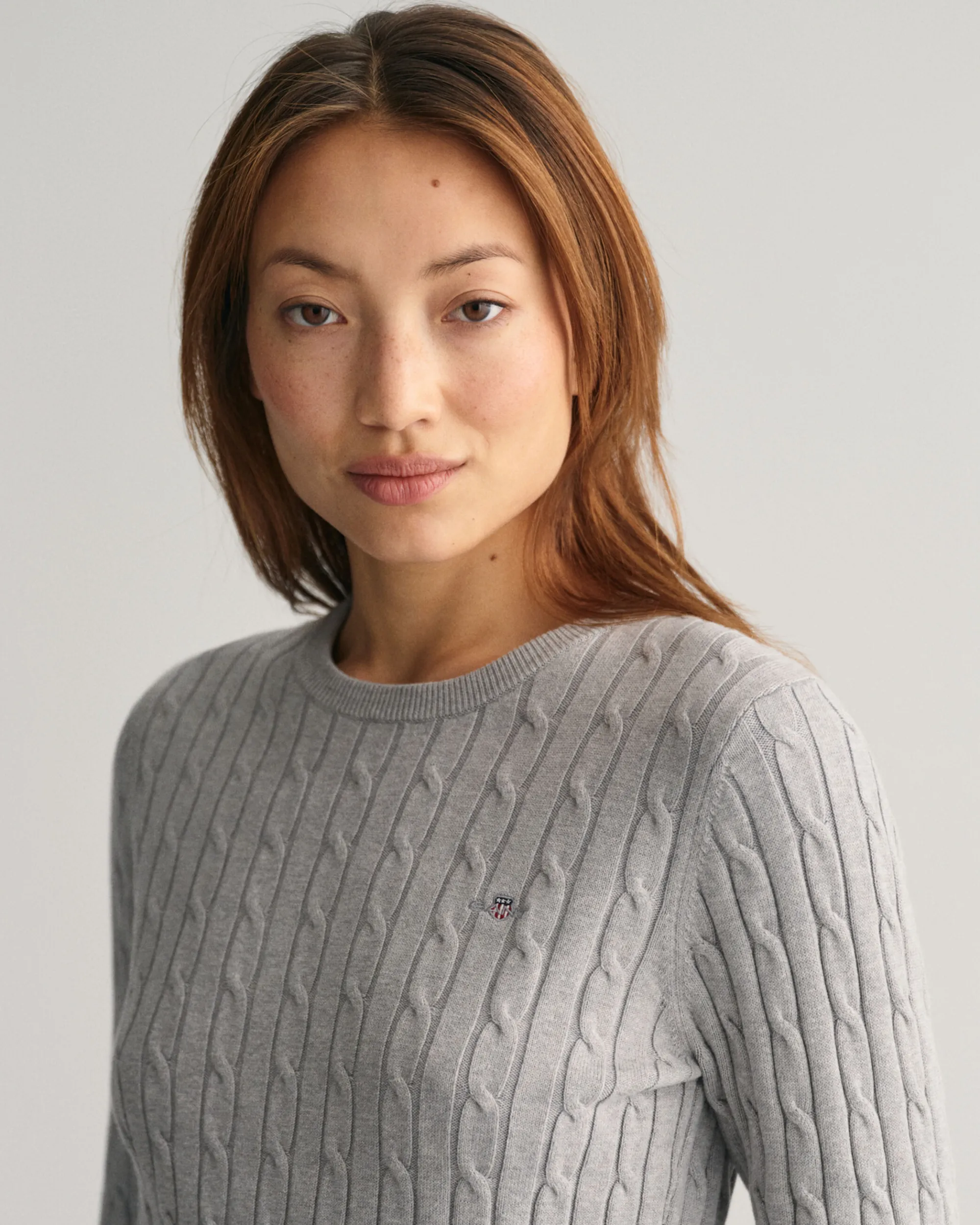 Stretch Cotton Cable Knit Crew Neck Sweater