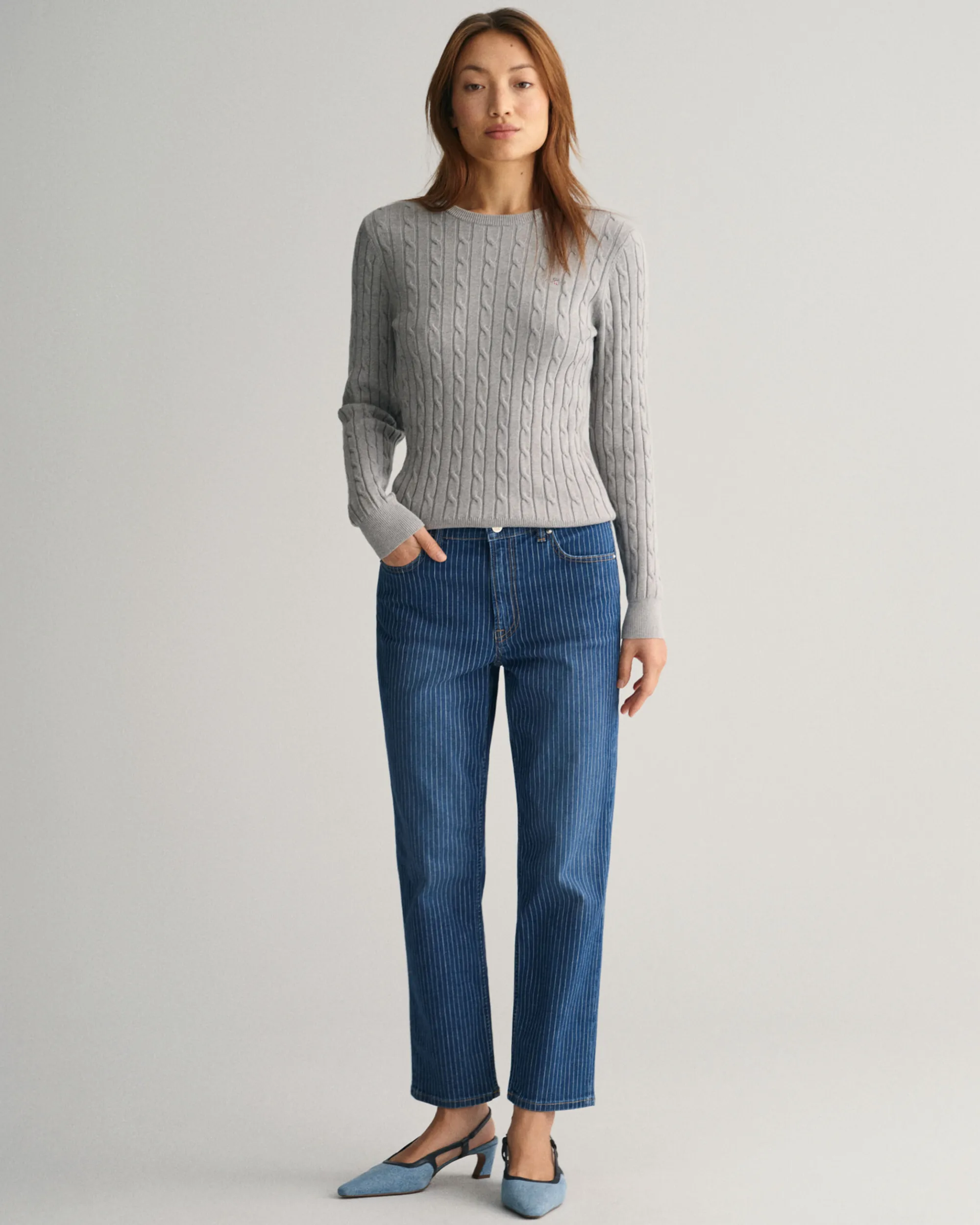 Stretch Cotton Cable Knit Crew Neck Sweater