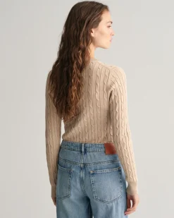 Stretch Cotton Cable Knit Crew Neck Sweater