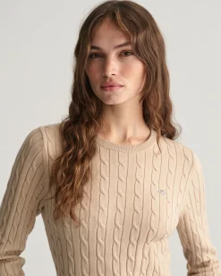Stretch Cotton Cable Knit Crew Neck Sweater