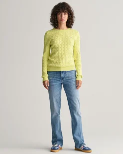 Stretch Cotton Cable Knit Crew Neck Sweater