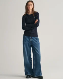 Stretch Cotton Cable Knit Crew Neck Sweater