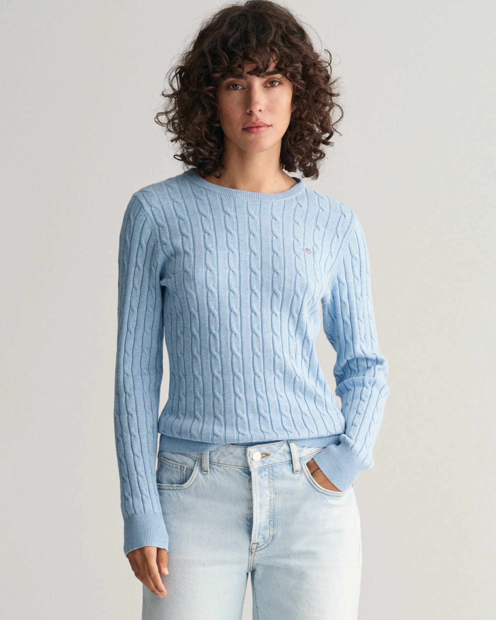 Stretch Cotton Cable Knit Crew Neck Sweater