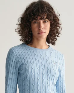 Stretch Cotton Cable Knit Crew Neck Sweater
