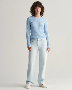 Stretch Cotton Cable Knit Crew Neck Sweater