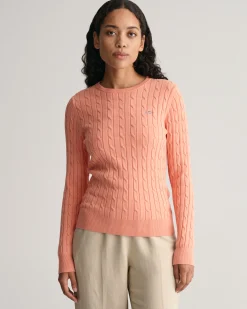 Stretch Cotton Cable Knit Crew Neck Sweater