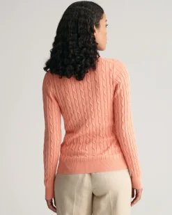 Stretch Cotton Cable Knit Crew Neck Sweater