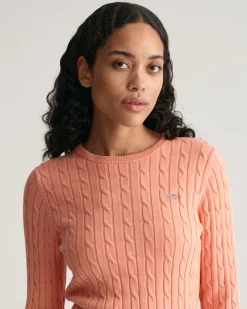 Stretch Cotton Cable Knit Crew Neck Sweater