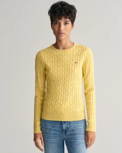 Stretch Cotton Cable Knit Crew Neck Sweater