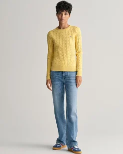 Stretch Cotton Cable Knit Crew Neck Sweater