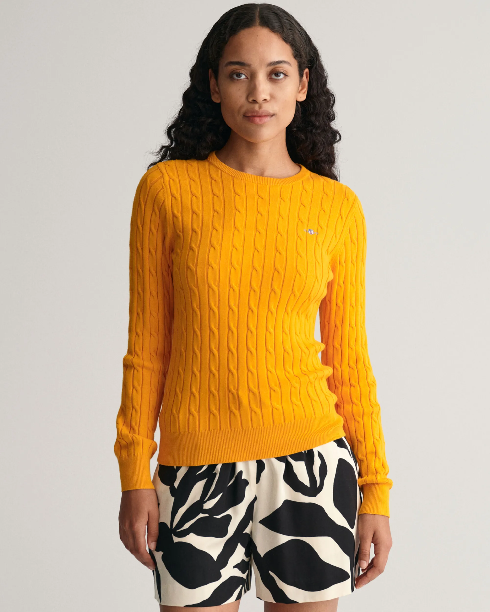 Stretch Cotton Cable Knit Crew Neck Sweater