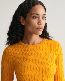 Stretch Cotton Cable Knit Crew Neck Sweater