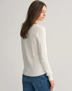 Stretch Cotton Cable Knit V-Neck Sweater