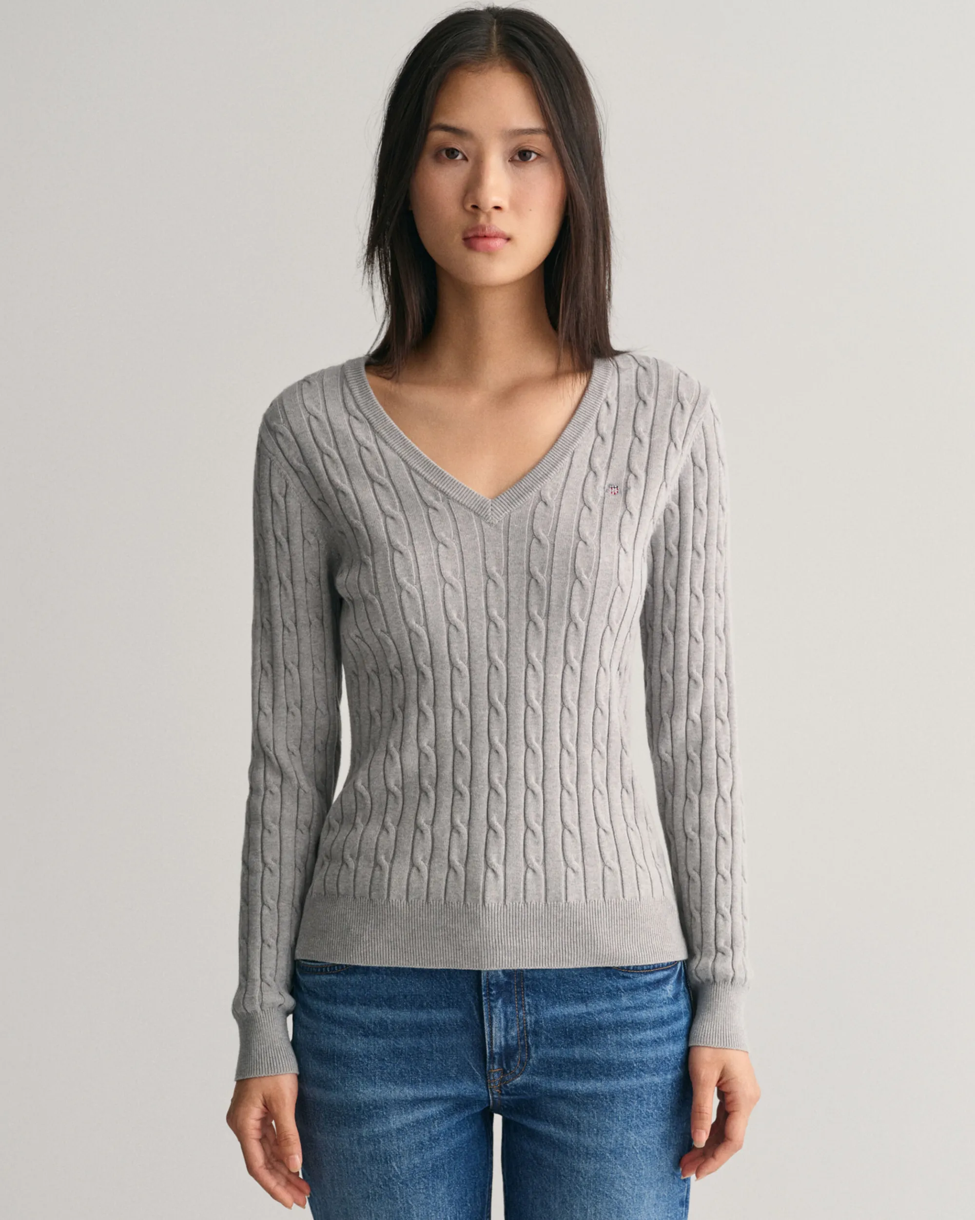 Stretch Cotton Cable Knit V-Neck Sweater