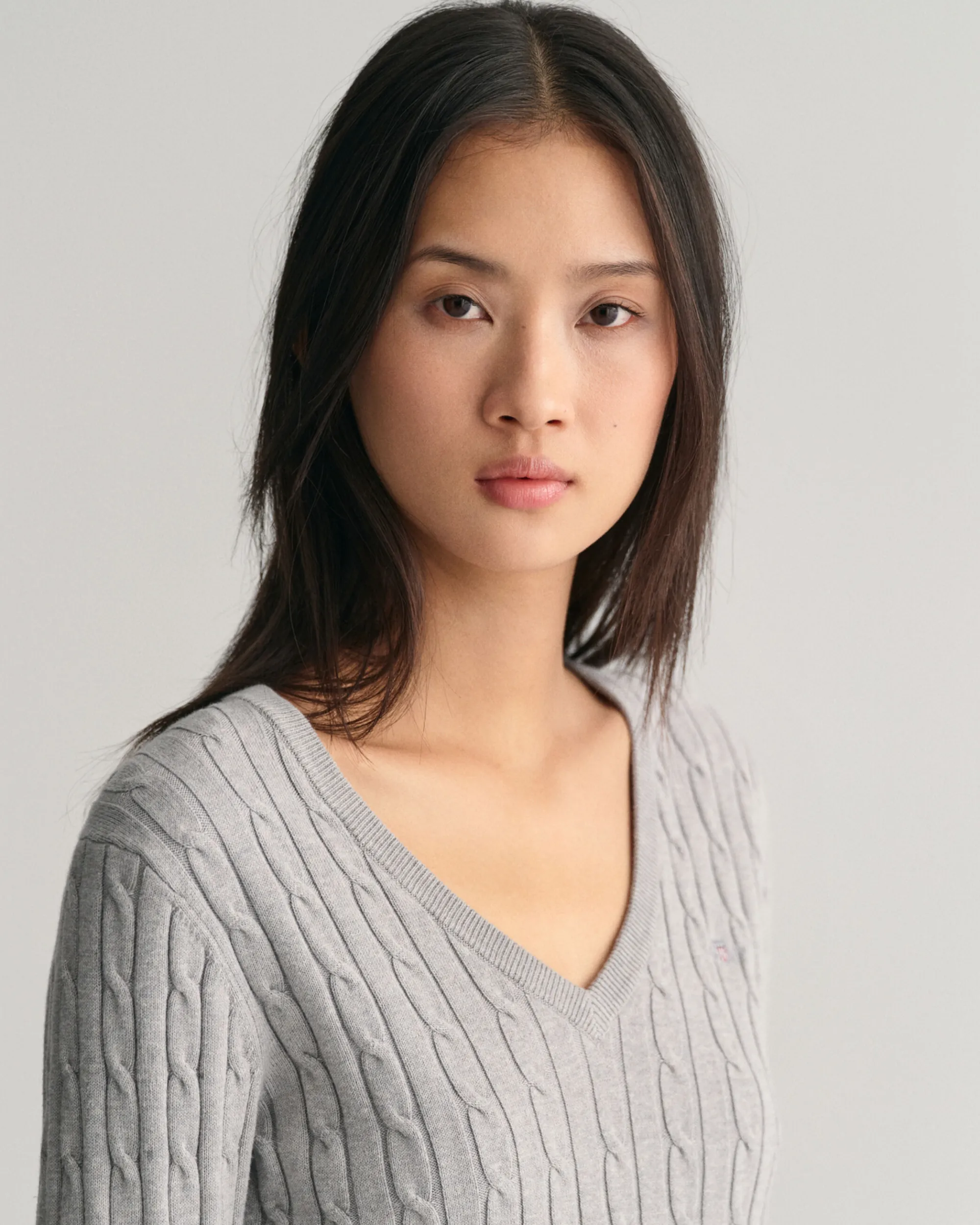 Stretch Cotton Cable Knit V-Neck Sweater