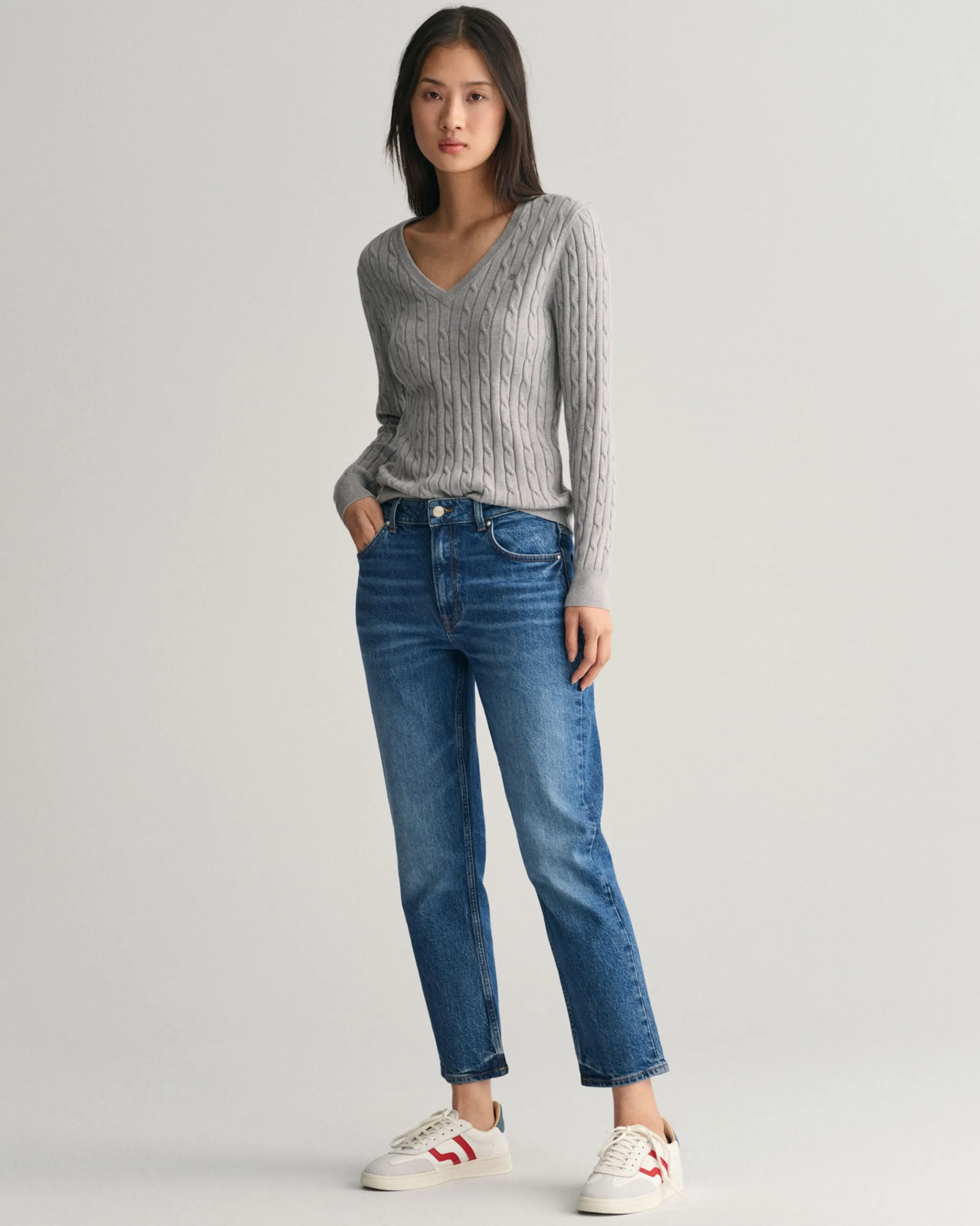 Stretch Cotton Cable Knit V-Neck Sweater