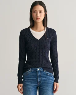 Stretch Cotton Cable Knit V-Neck Sweater