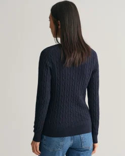 Stretch Cotton Cable Knit V-Neck Sweater