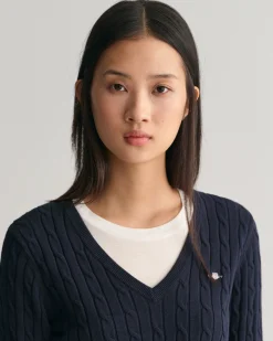 Stretch Cotton Cable Knit V-Neck Sweater