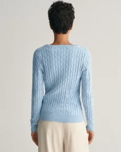 Stretch Cotton Cable Knit V-Neck Sweater