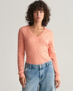 Stretch Cotton Cable Knit V-Neck Sweater