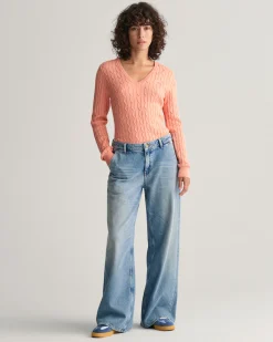 Stretch Cotton Cable Knit V-Neck Sweater