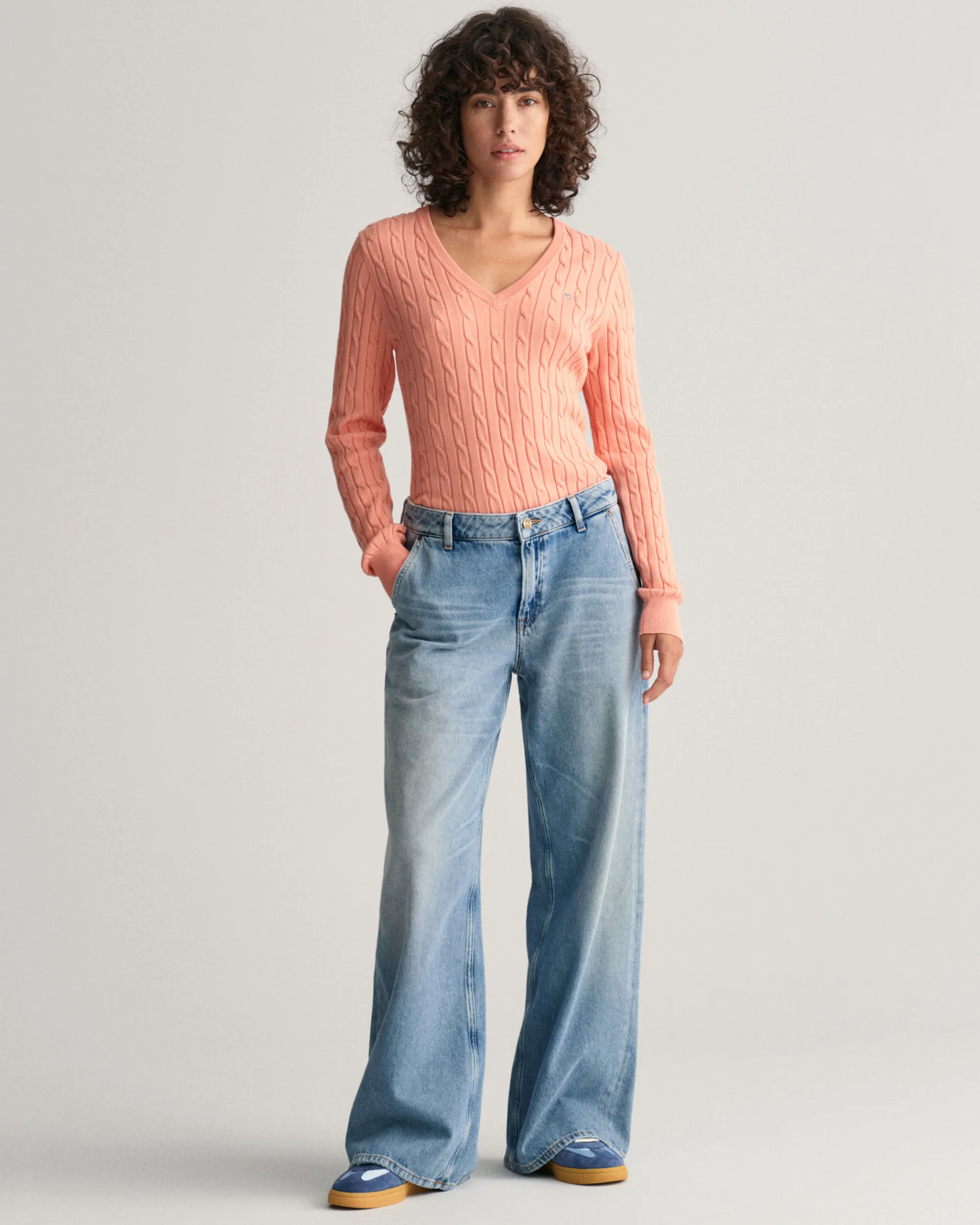 Stretch Cotton Cable Knit V-Neck Sweater