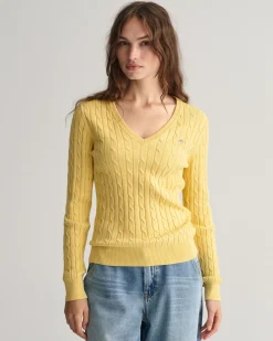 Stretch Cotton Cable Knit V-Neck Sweater