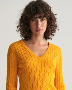 Stretch Cotton Cable Knit V-Neck Sweater