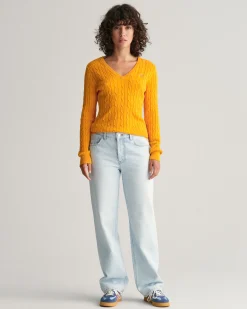 Stretch Cotton Cable Knit V-Neck Sweater