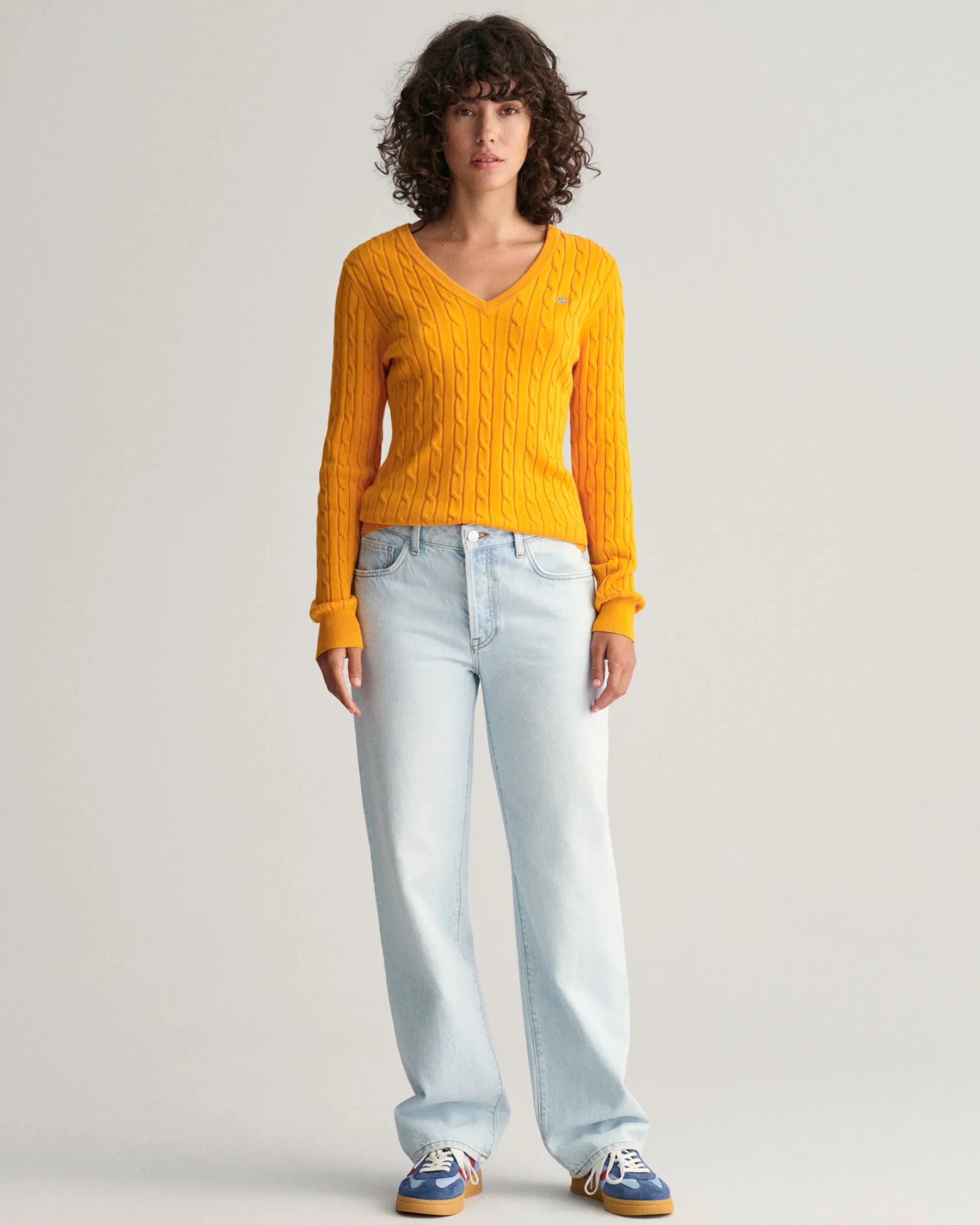 Stretch Cotton Cable Knit V-Neck Sweater
