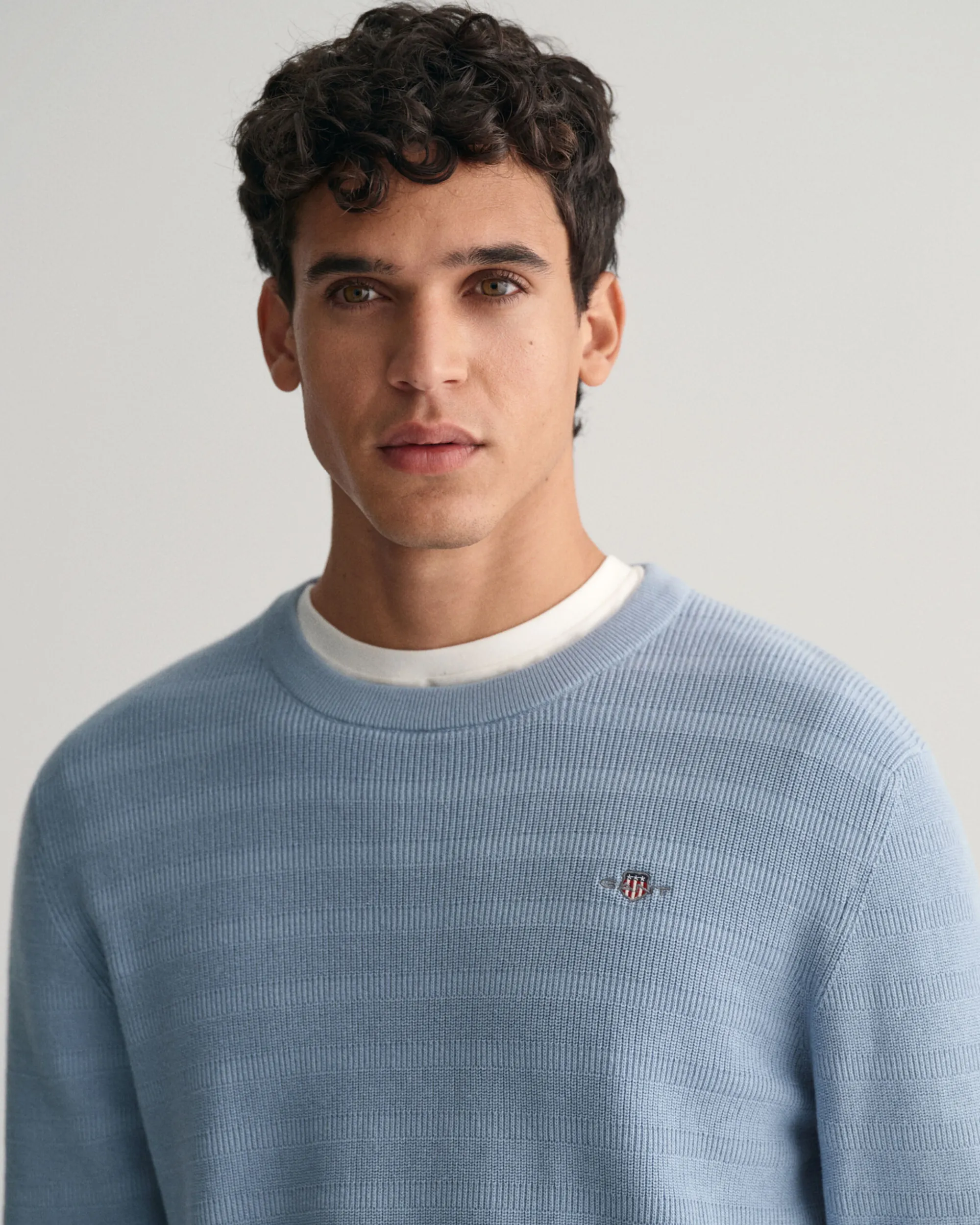 Striped Textured Cotton Crew Neck Sweater