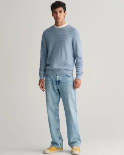 Striped Textured Cotton Crew Neck Sweater