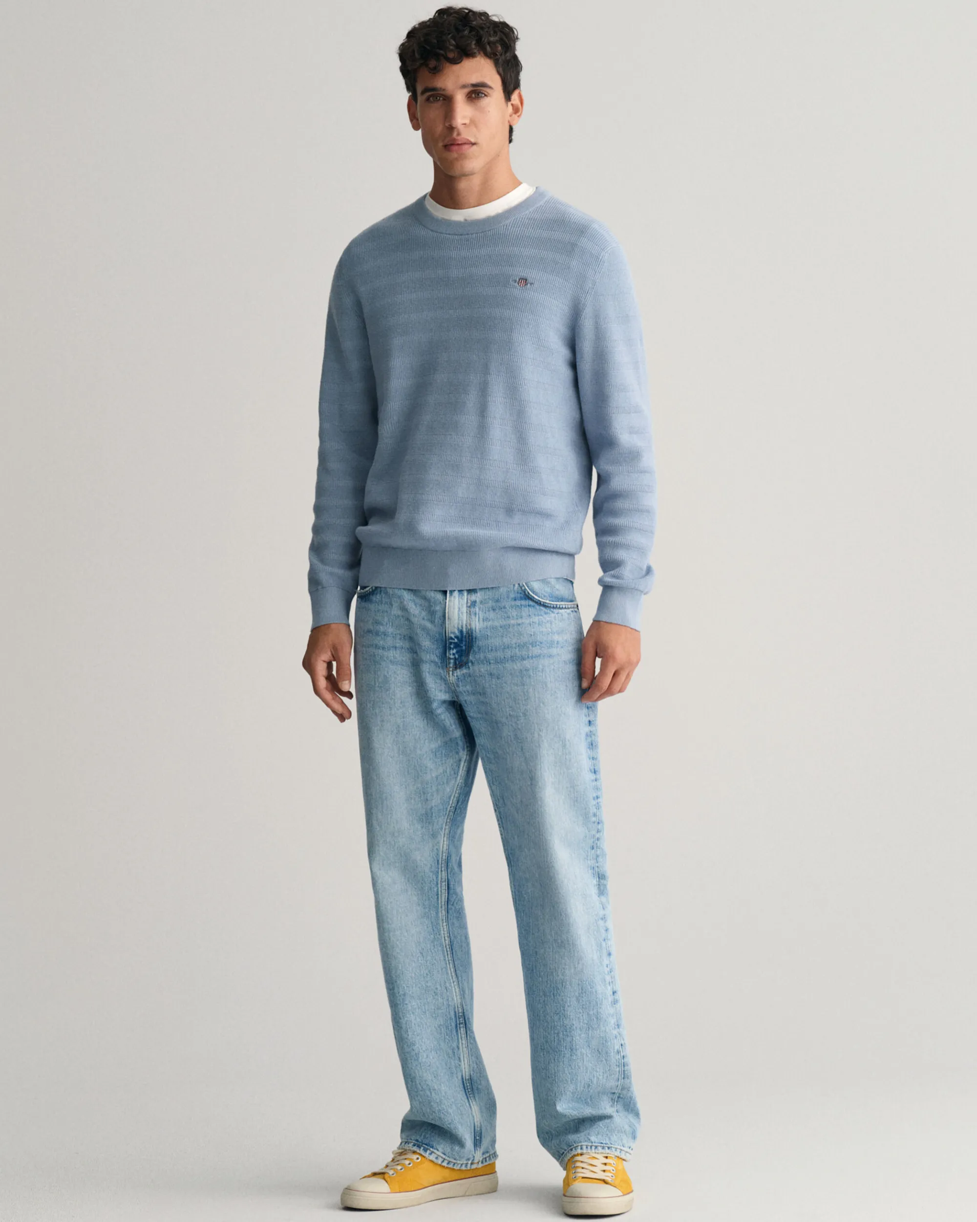 Striped Textured Cotton Crew Neck Sweater