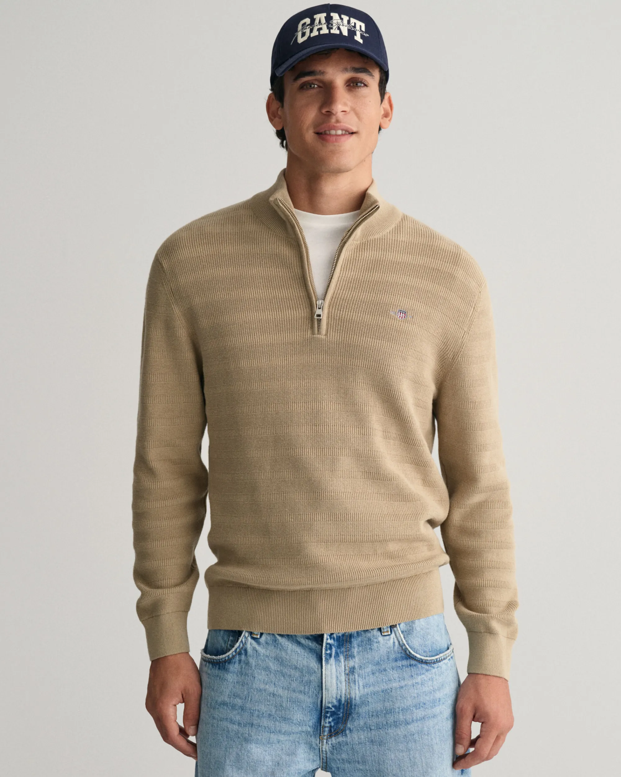 Striped Textured Cotton Half-Zip Sweater